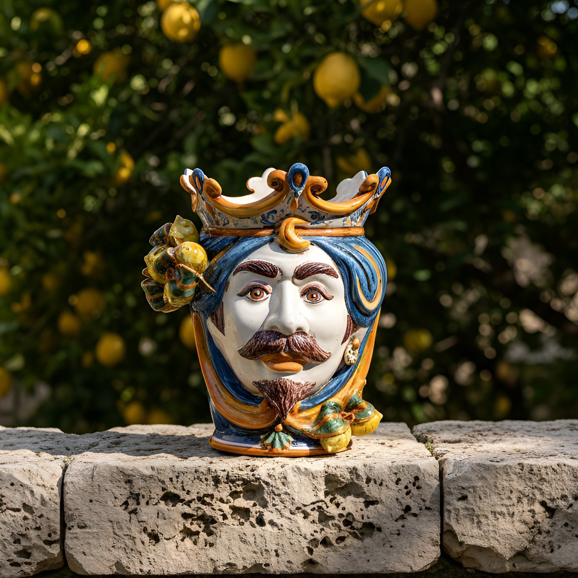 Handmade Teste di Moro ceramic vase with crown, blue hair, mustache, lemon accents, on stone wall