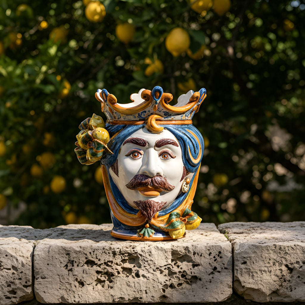 Testa di Moro con Limoni, Maschio Bianco, Blu e Arancio, corona. Ceramica siciliana di Caltagirone, Sofia