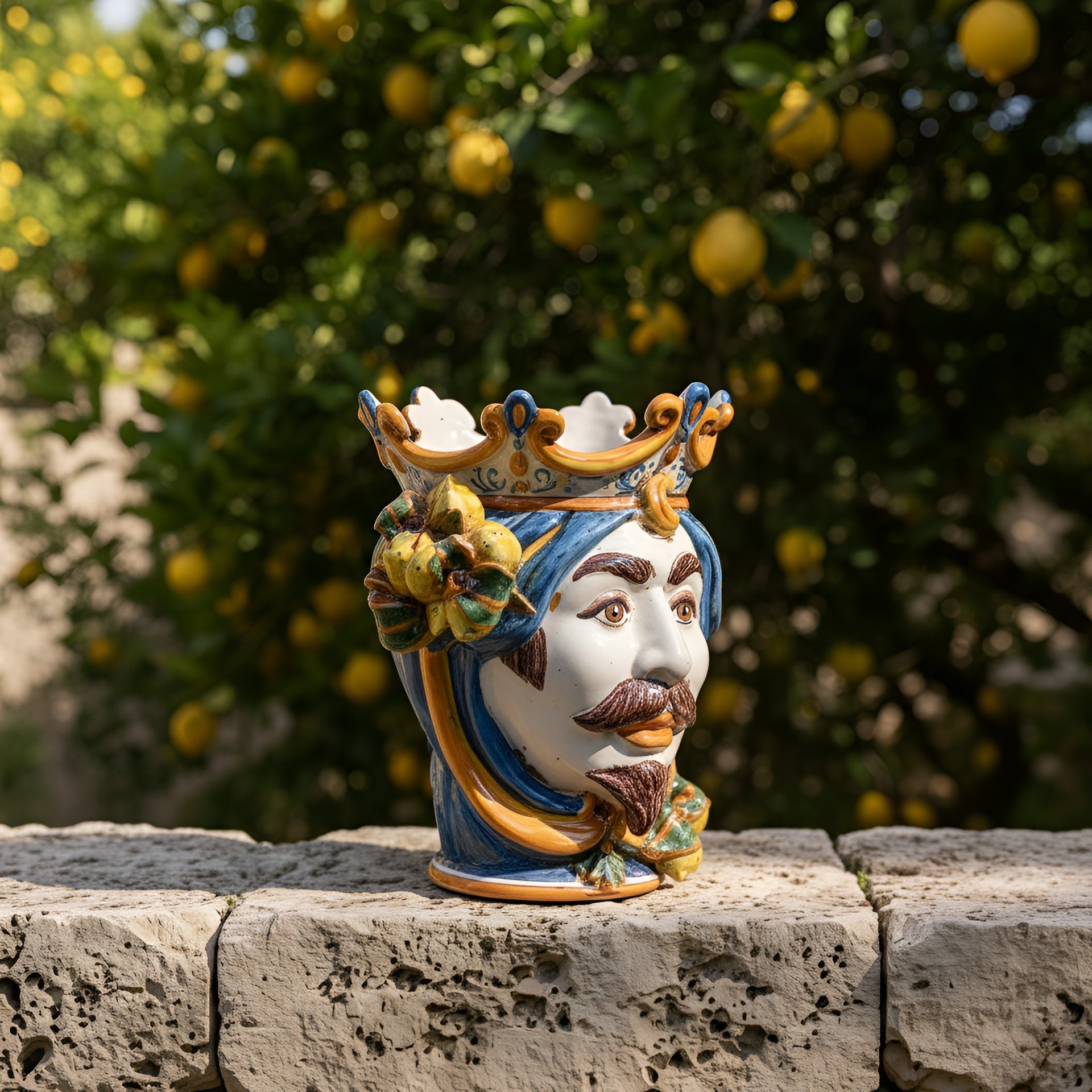 Handmade Teste di Moro ceramic vase with crown, set against lemon tree backdrop, blending tradition and modern design.