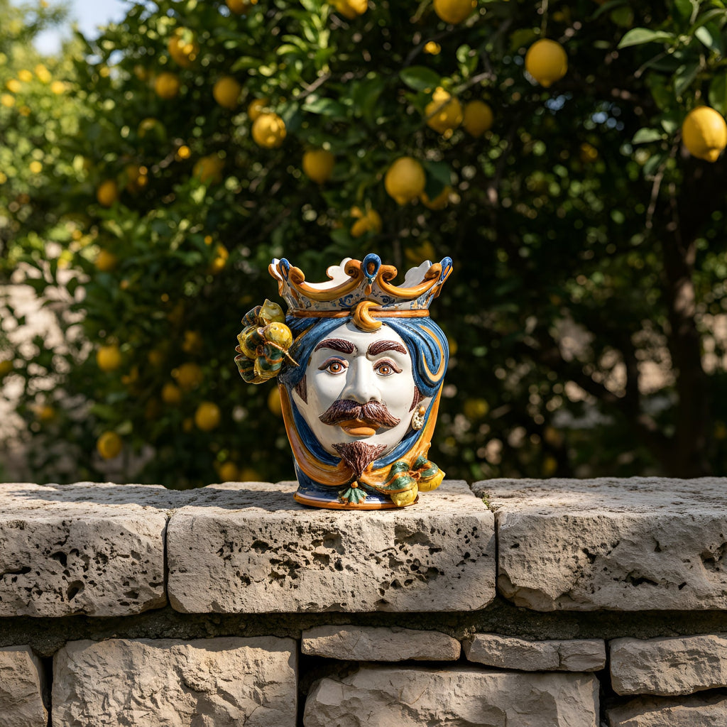 Handcrafted Teste di Moro ceramic vase with crown, set against lemon tree backdrop, blending tradition and modern design.