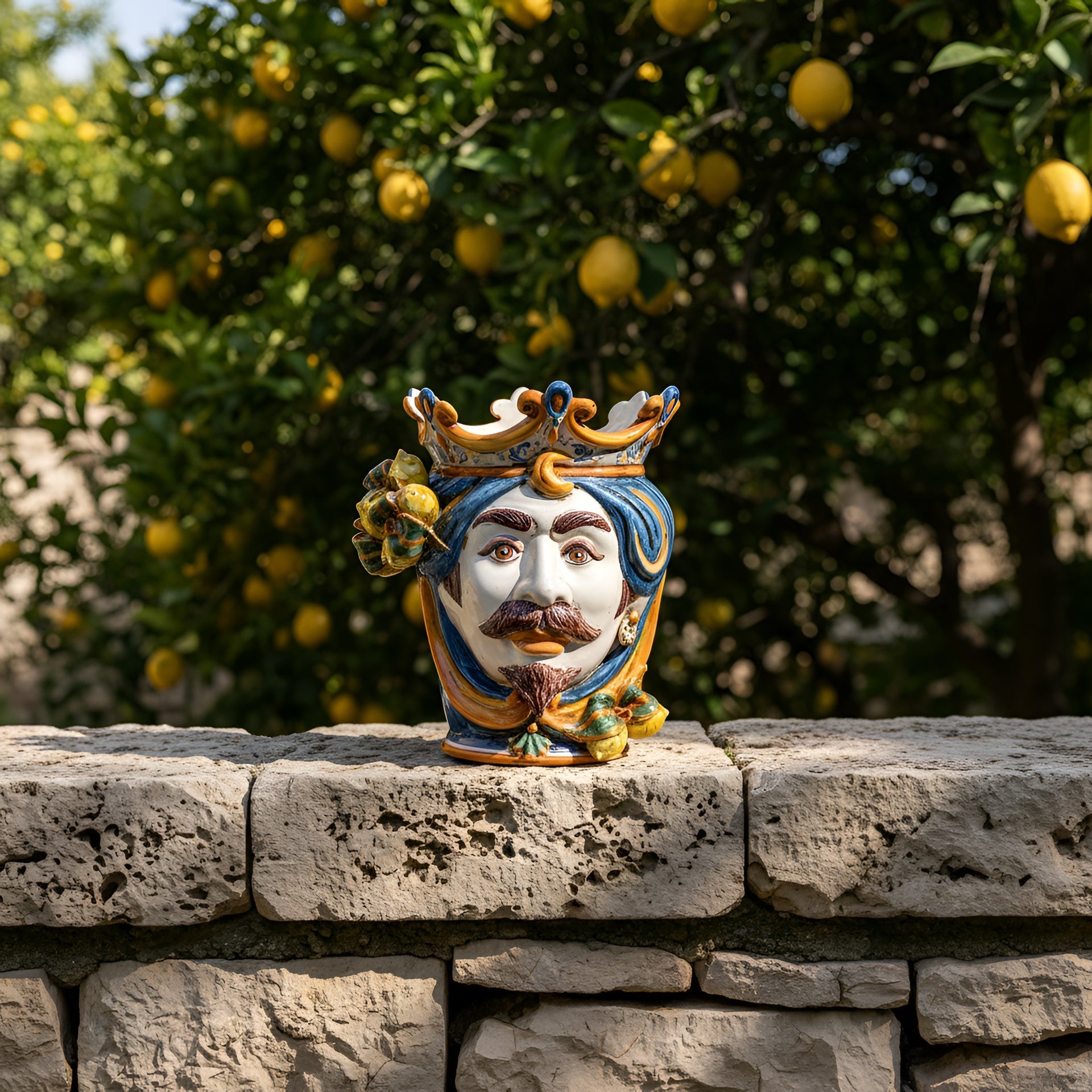 Handcrafted Teste di Moro ceramic vase with crown, set against lemon tree backdrop, blending tradition and modern design.