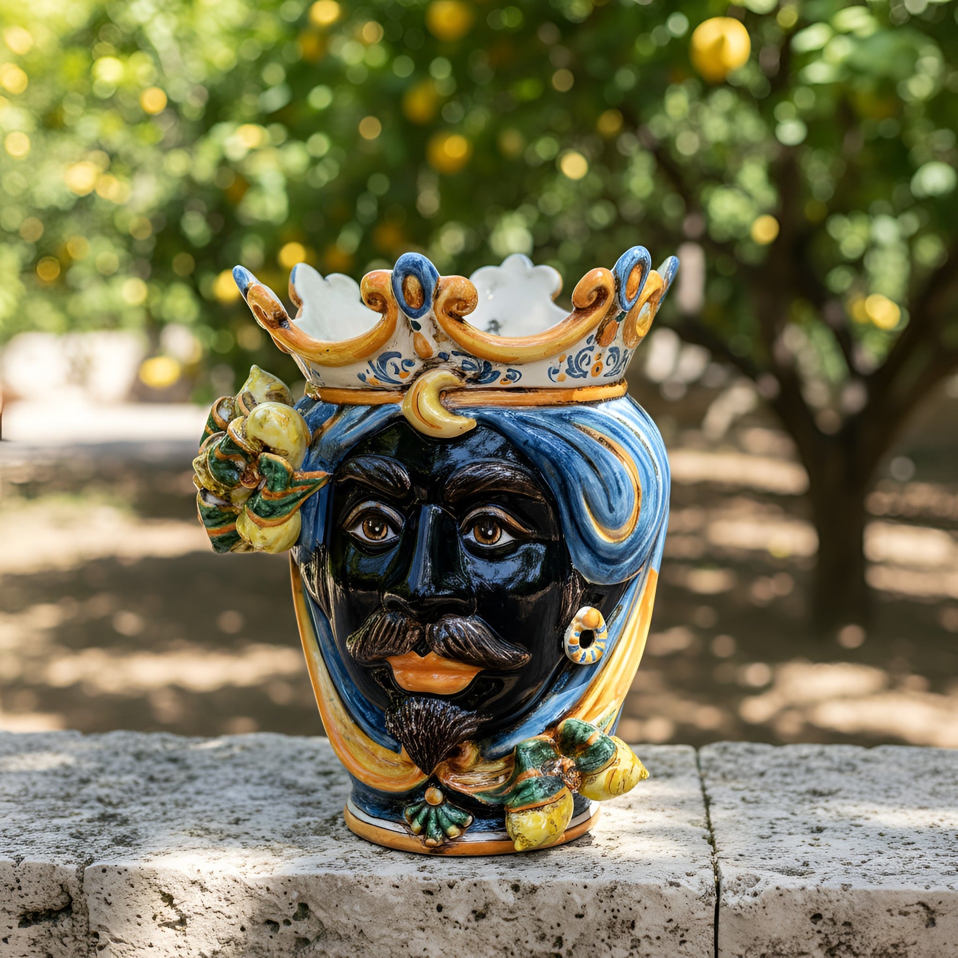 Handcrafted Teste di Moro ceramic vase with crown, vibrant colors, and lemon accents, set outdoors.