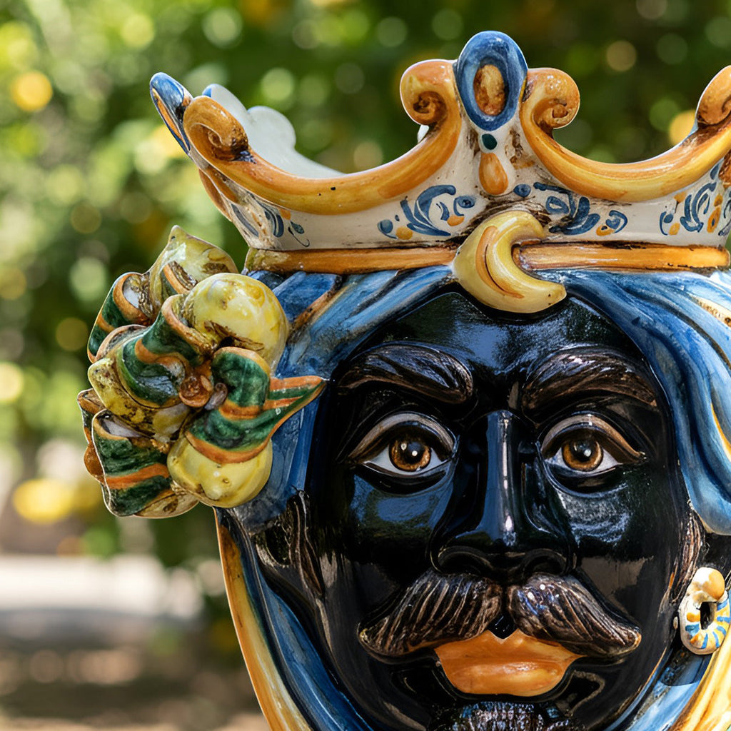 Handcrafted Teste di Moro ceramic with crown and floral details, traditional Sicilian art for home decor