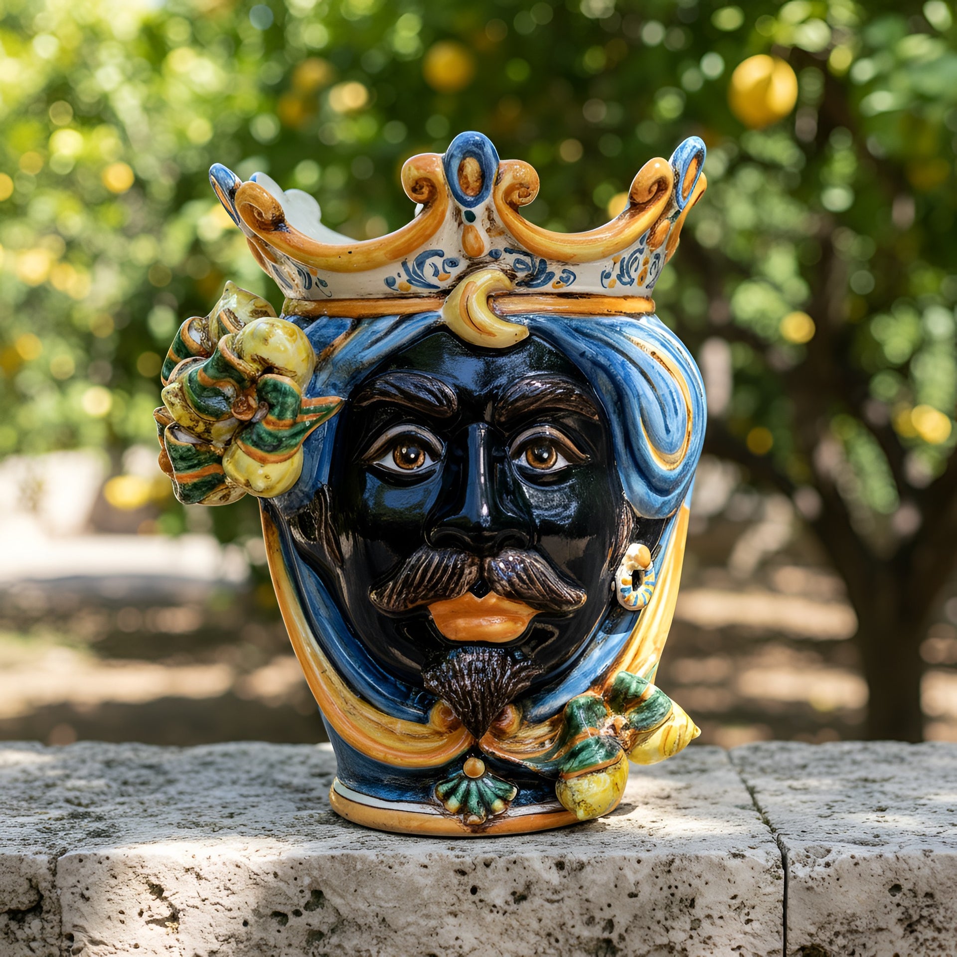 Handcrafted Teste di Moro ceramic vase with crown, blue hair, and lemon accents, perfect for Mediterranean decor.