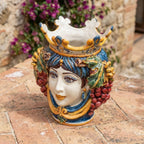 Handmade Teste di Moro ceramic vase with crown, grapes, and vibrant colors, perfect for home decor