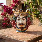 Handmade Teste di Moro ceramic vase with crown, grapes, and mustache, perfect for Mediterranean decor