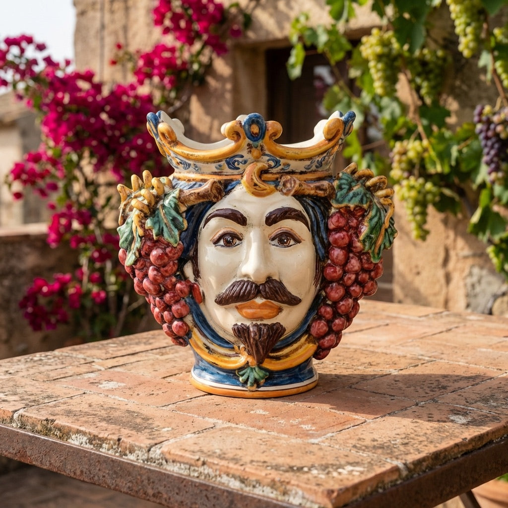 Handmade Teste di Moro ceramic vase with crown, grapes, and mustache, perfect for Mediterranean decor