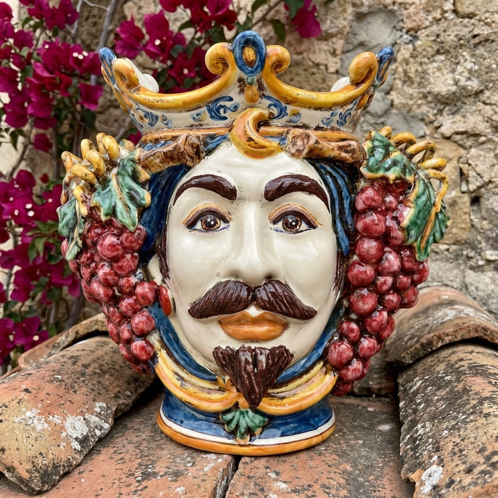 Handmade Sicilian Testa di Moro with crown, grapes, and vibrant colors, perfect for Mediterranean decor.
