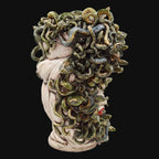Handcrafted Medusa head sculpture with intricate green snakes, blending tradition and modern design.