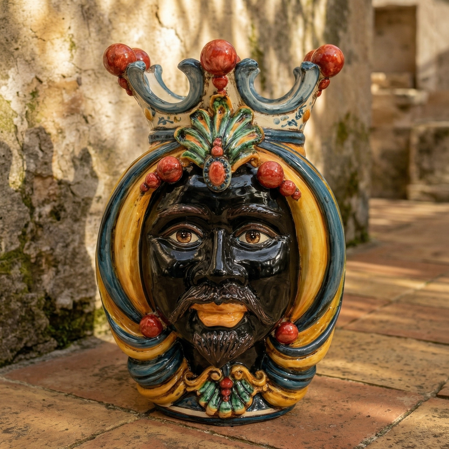 Handmade Teste di Moro ceramic face with crown, vibrant colors, traditional Sicilian decor