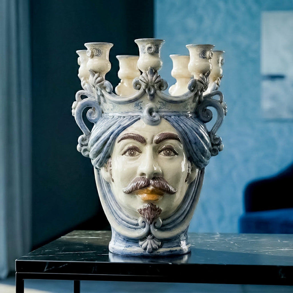 Handmade Teste di Moro ceramic candle holder with ornate crown and mustache, blue and white glaze