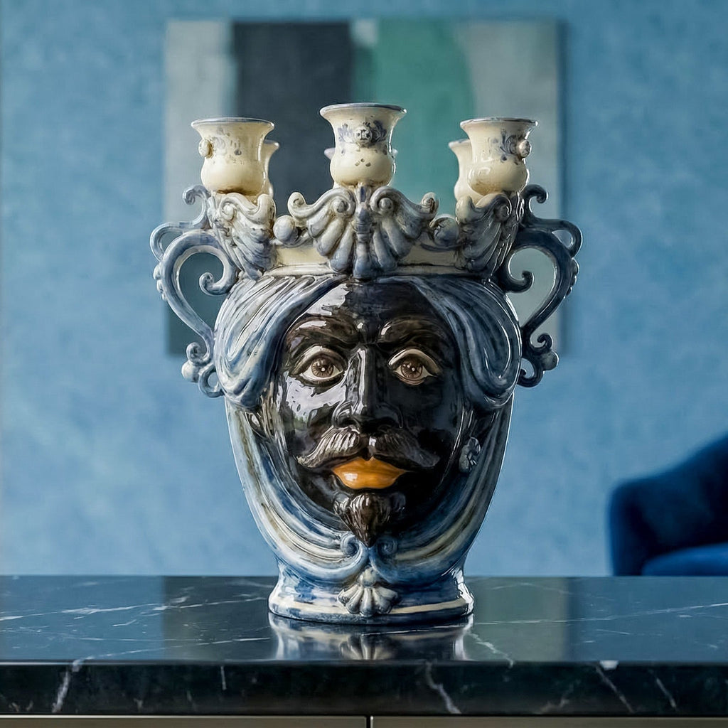Handmade Teste di Moro ceramic vase with crown and candle holders, blue and white glaze, modern home decor