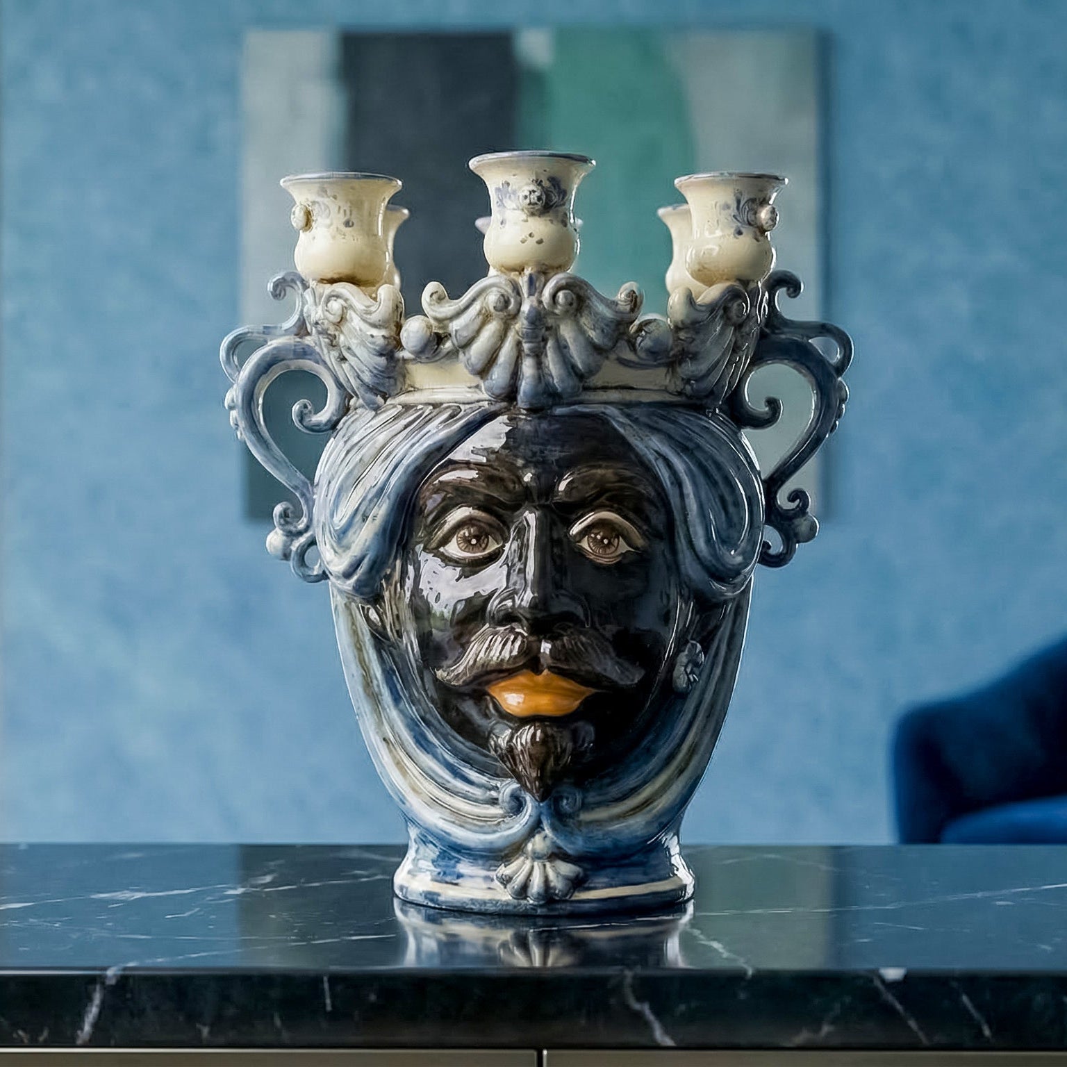 Handmade Teste di Moro ceramic vase with crown and candle holders, blue and white glaze, modern home decor