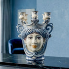 Handcrafted Teste di Moro ceramic vase with crown and candle holders, blue and white design