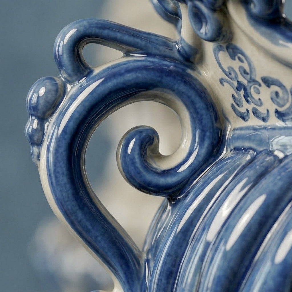 Handcrafted blue and white ceramic vase with intricate swirl handle and ornate detailing, blending tradition with modern design.