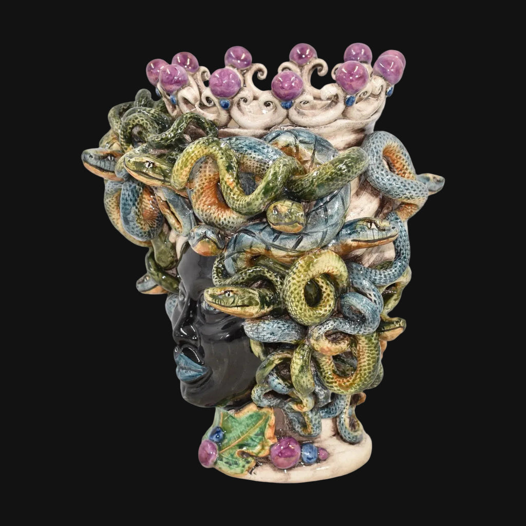 Handcrafted Teste di Moro vase with colorful snakes and purple accents, blending tradition and modern design