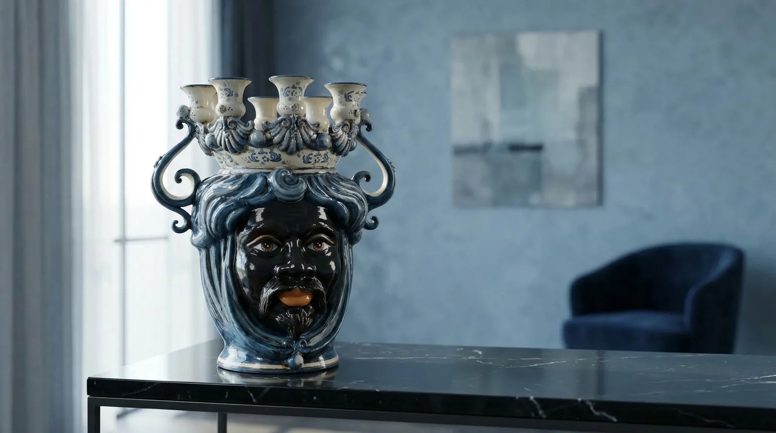 Handmade Teste di Moro ceramic vase with blue and white crown, perfect for modern home decor