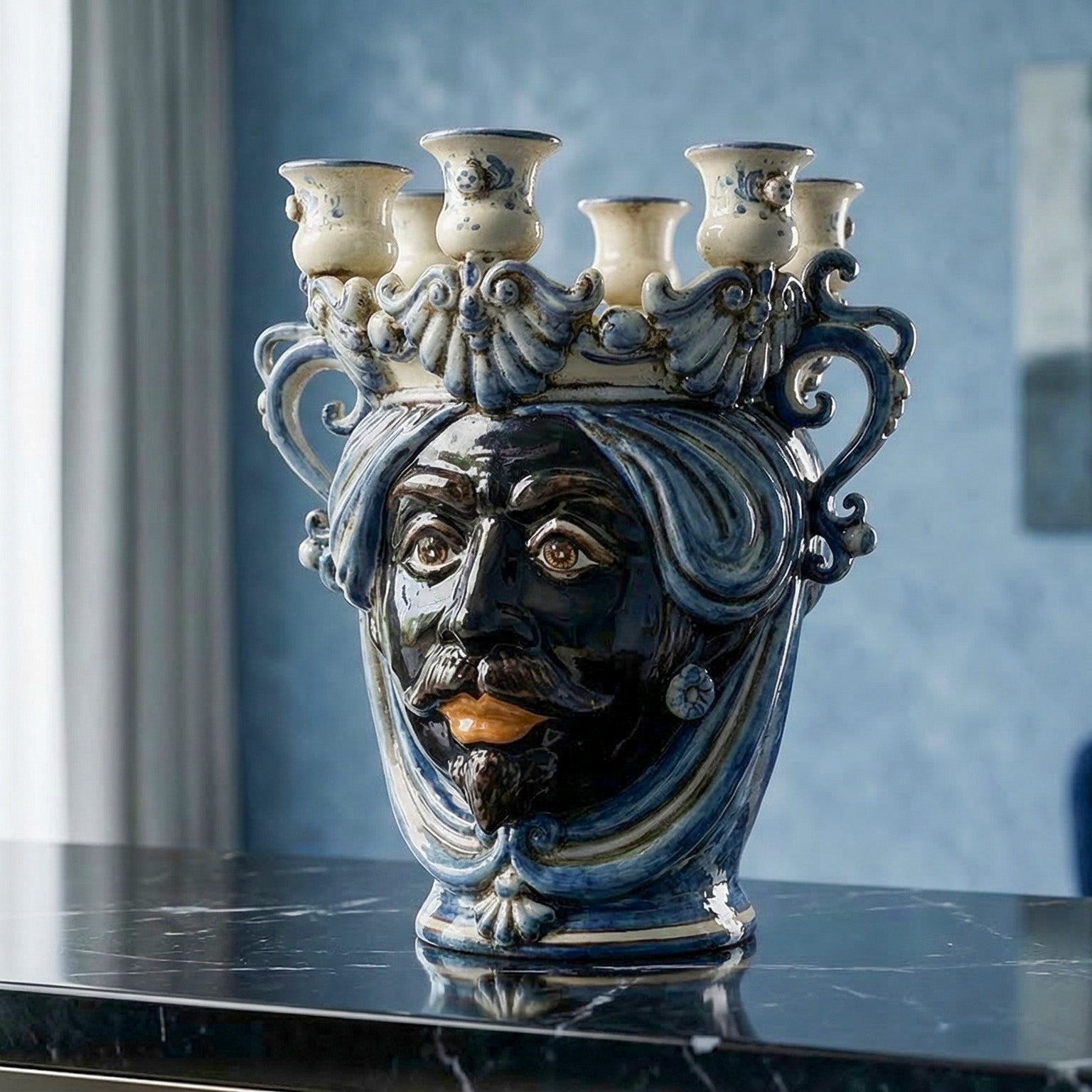 Handmade Teste di Moro ceramic vase with blue glaze, ornate crown, and candle holders, perfect for modern home decor.