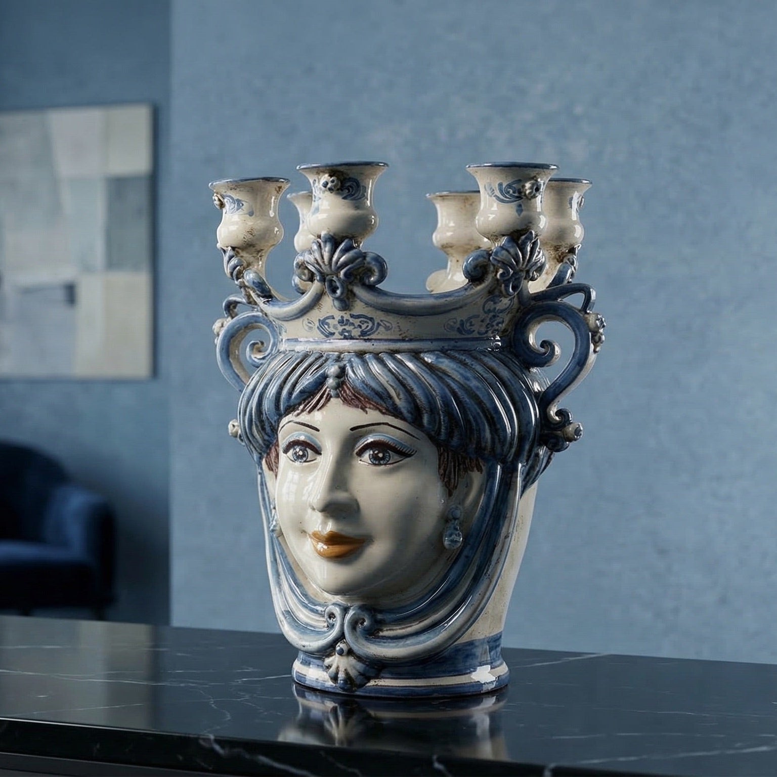 Handmade ceramic Teste di Moro vase with blue and white design, featuring a woman's face and candle holders.