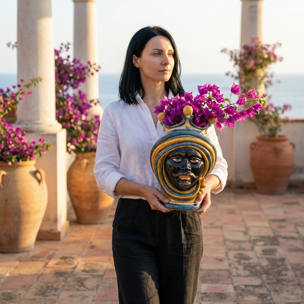 Woman holding handmade Teste di Moro vase with vibrant purple flowers, blending tradition and modern design.