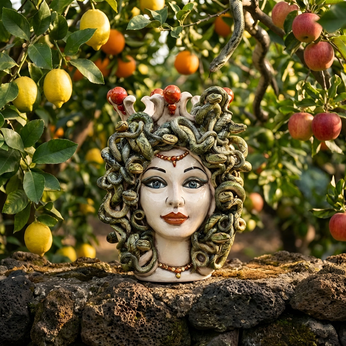 Testa Medusa, Madreperla, chioma di serpenti. Ceramiche Sofia, Caltagirone