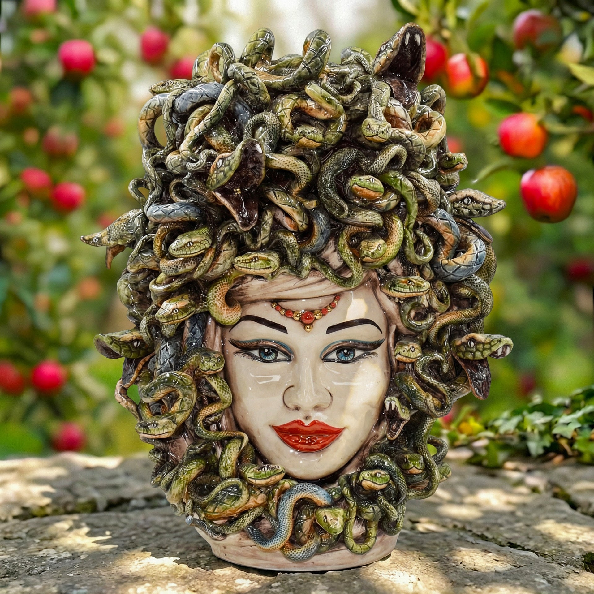 Handcrafted Medusa head sculpture with snake hair, vibrant colors, perfect for modern or traditional decor