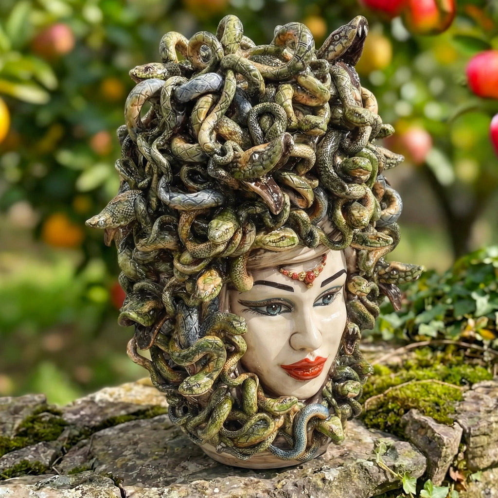 Handcrafted Medusa head sculpture with snake hair, perfect for garden or home decor