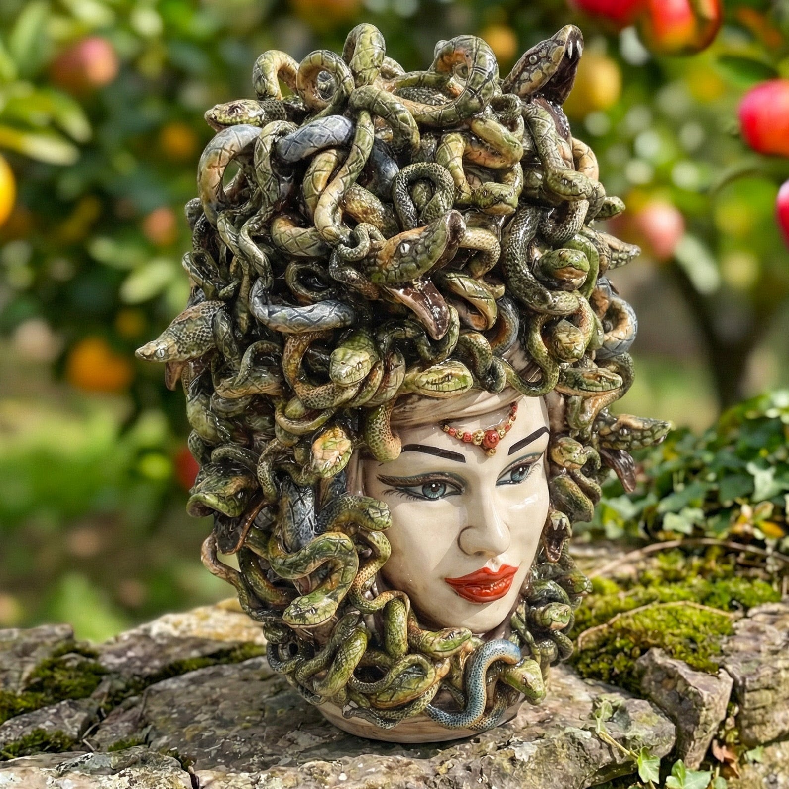 Handcrafted Medusa head sculpture with snake hair, perfect for garden or home decor
