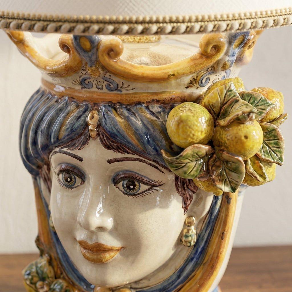 Handcrafted Sicilian Testa di Moro lamp with vibrant citrus fruit details and traditional ceramic artistry