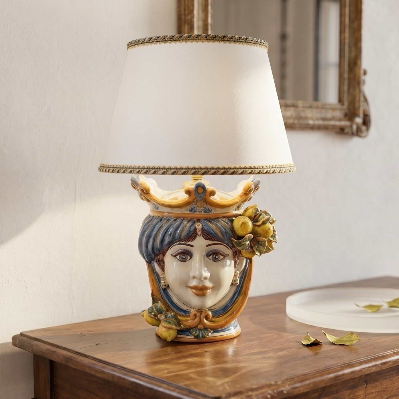 Handcrafted Teste di Moro table lamp with ceramic face, crown, and fruit details, perfect for modern-traditional decor