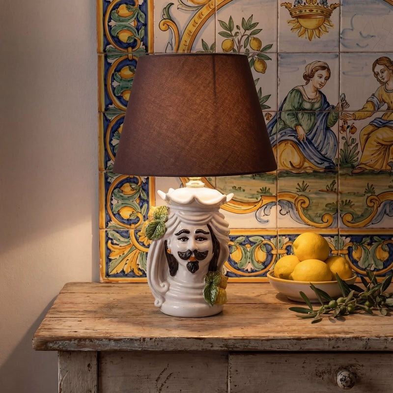 Head Lamp with Expression h 35 cm (ceramic h 15 cm, fabric lampshade Ø 20 cm) — White and Lemon