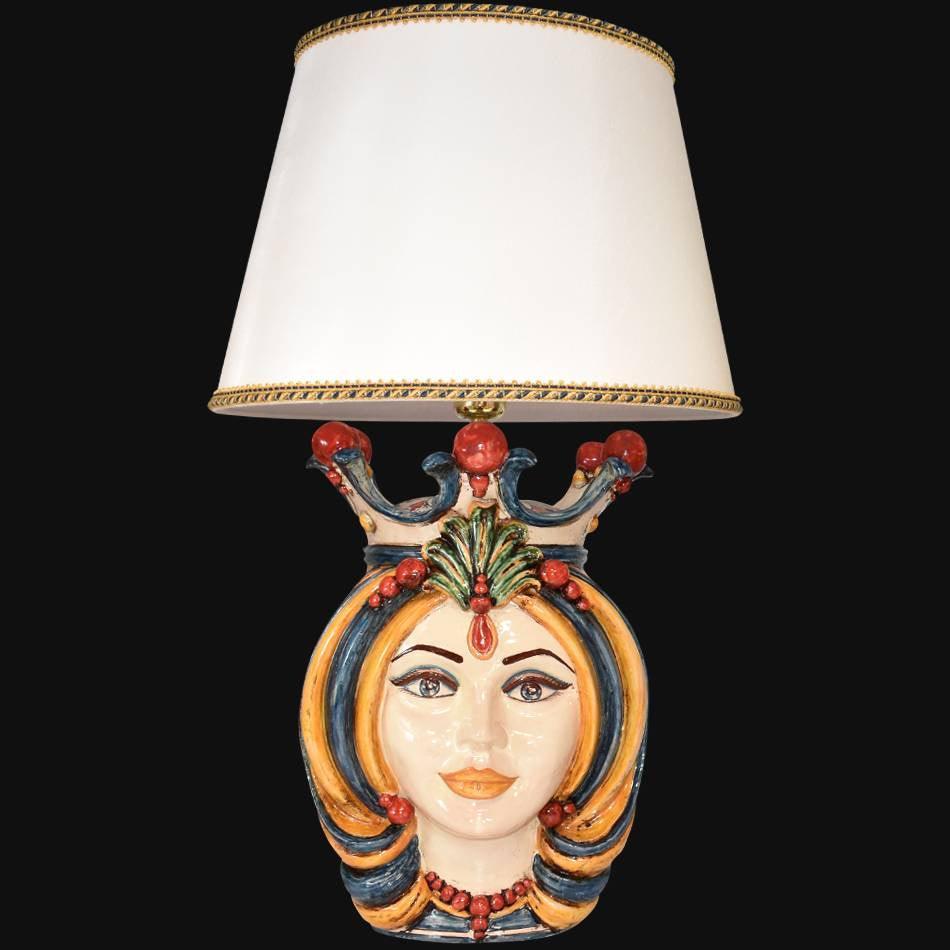 Handmade Testa di Moro ceramic table lamp with female face, vibrant blue and orange details