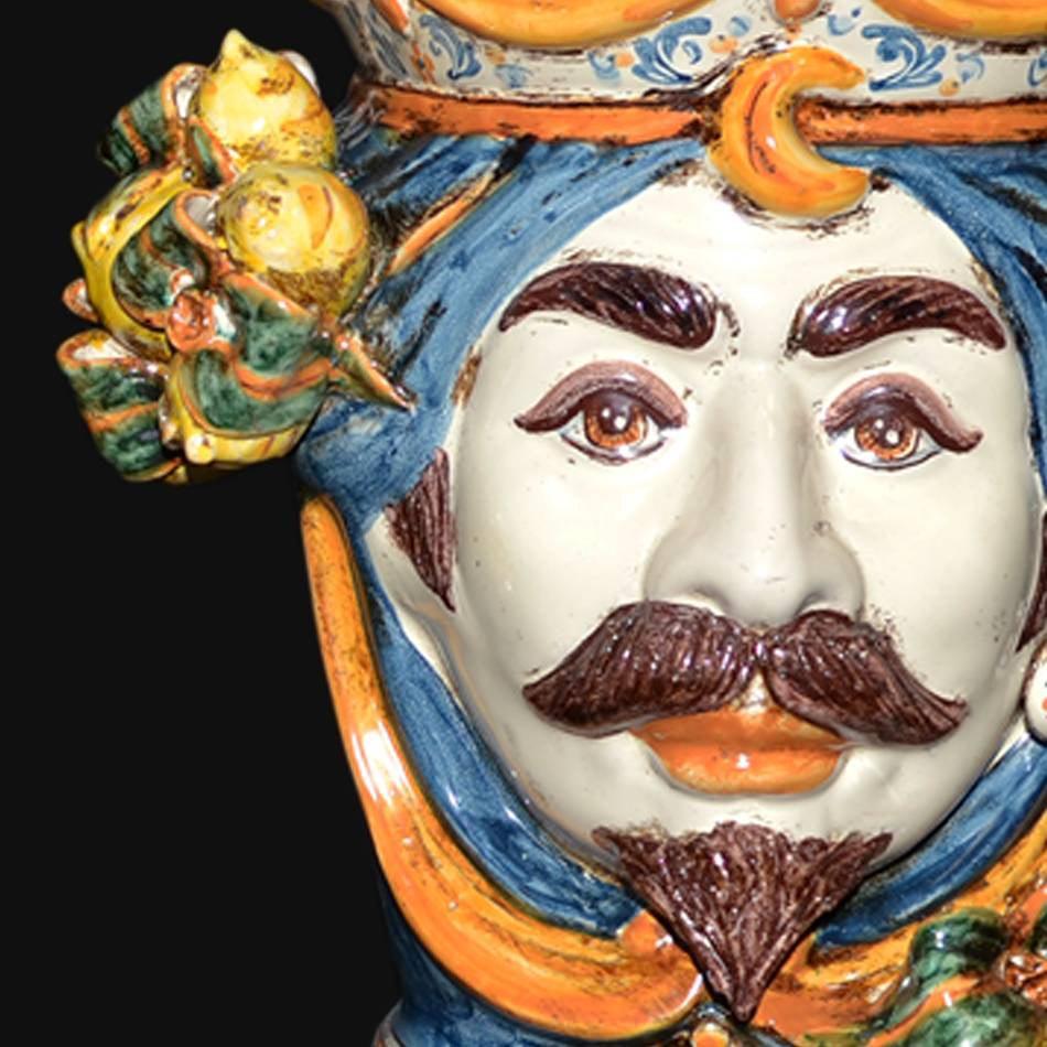 Handmade Sicilian Testa di Moro male ceramic head with blue turban and lemon accents