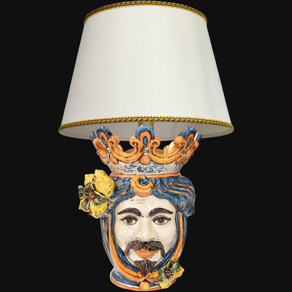 Handmade Sicilian Moor's Head table lamp with colorful ceramic face, crown, and lemon accents, modern traditional design