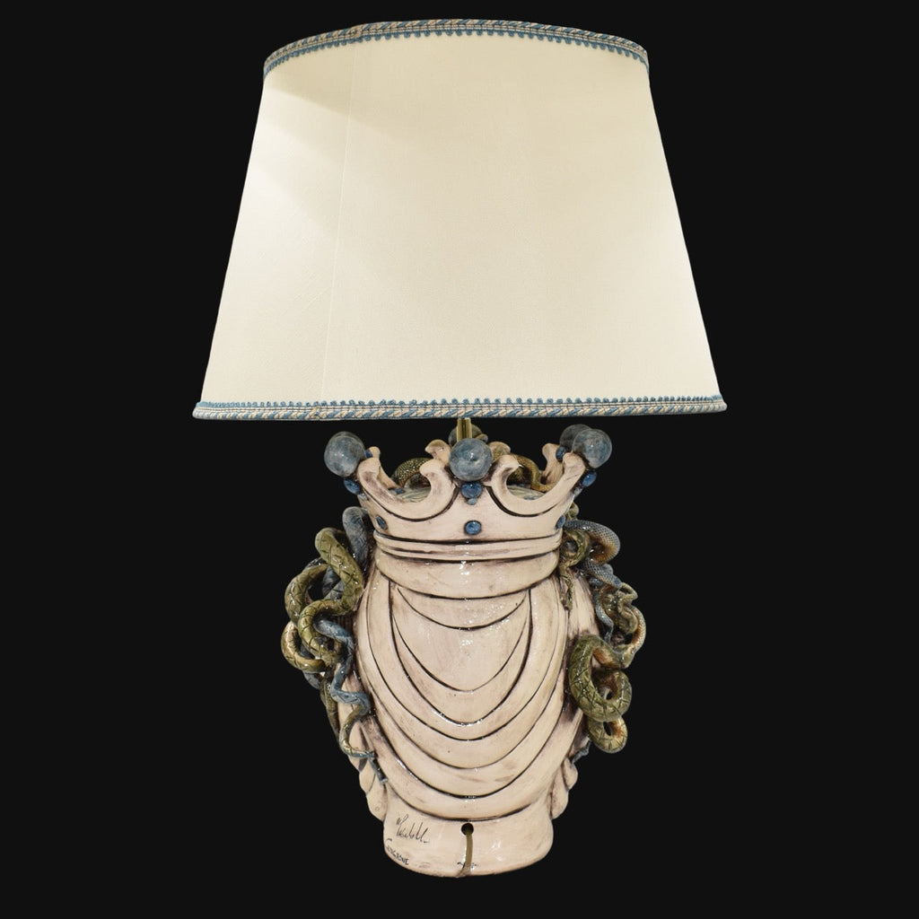 Handcrafted Teste di Moro table lamp with crown and snakes, cream shade, artisan ceramic design