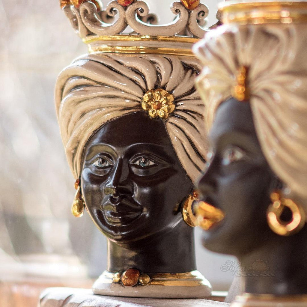 Handmade Teste di Moro ceramic sculpture with crown, gold accents, and turban, blending tradition and modern design