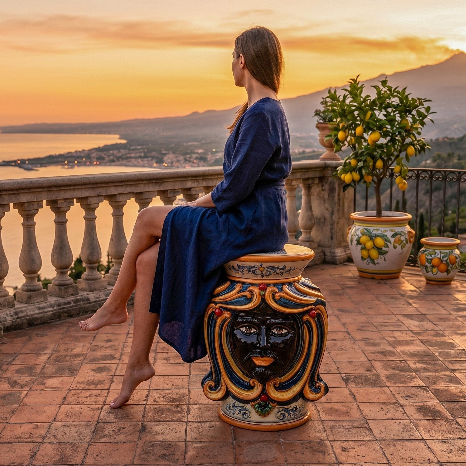 Pouf a Testa con seduta, h 60 Decoro in blu e arancio Maschio moro