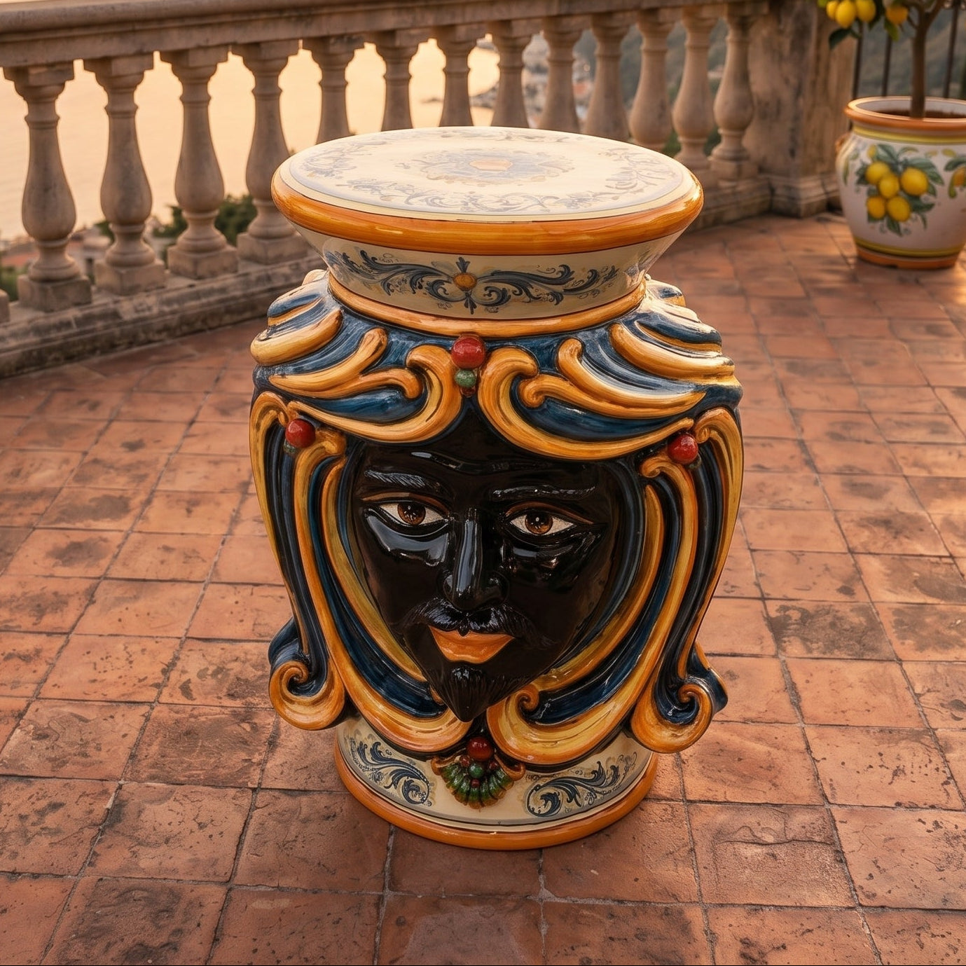 Pouf a Testa con seduta, h 60 Decoro in blu e arancio Maschio moro