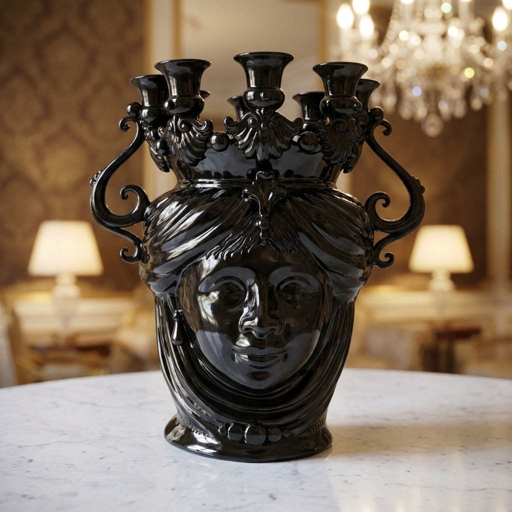 Black ceramic Teste di Moro vase with ornate crown and candle holders, luxury home decor