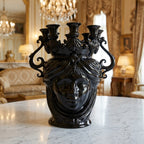 Black ceramic Teste di Moro vase with ornate candelabra, handcrafted decorative piece for luxury interiors