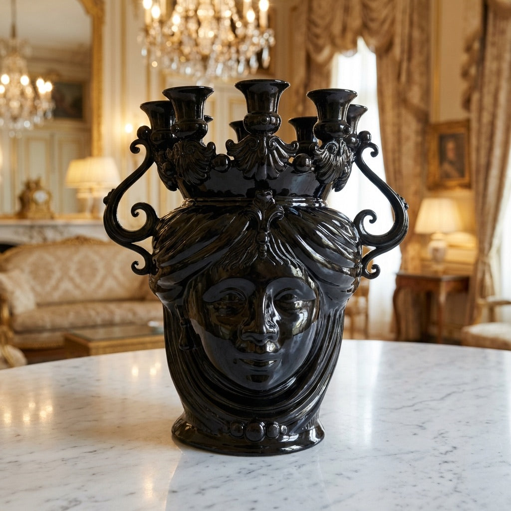 Black ceramic Teste di Moro vase with ornate candelabra, handcrafted decorative piece for luxury interiors