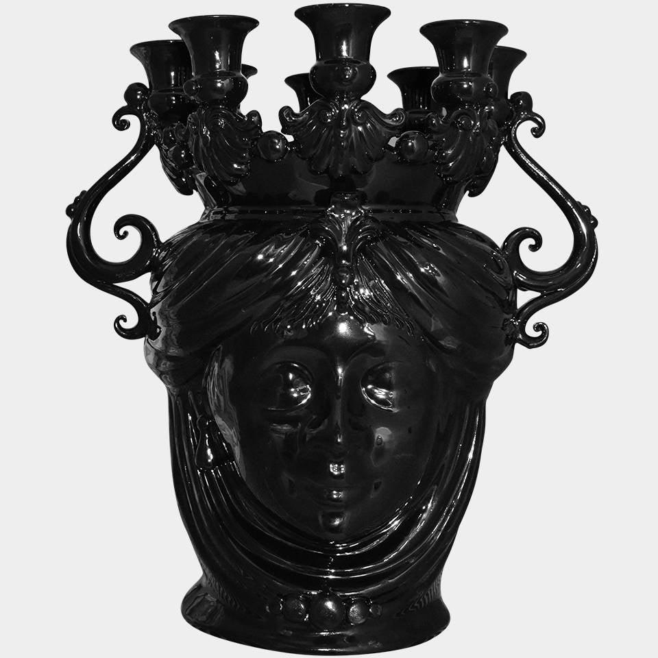 Black ceramic Teste di Moro vase with ornate candelabra, handmade Sicilian design for modern decor