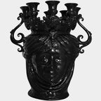 Black ceramic Teste di Moro vase with ornate candelabra, handmade Sicilian design for modern decor