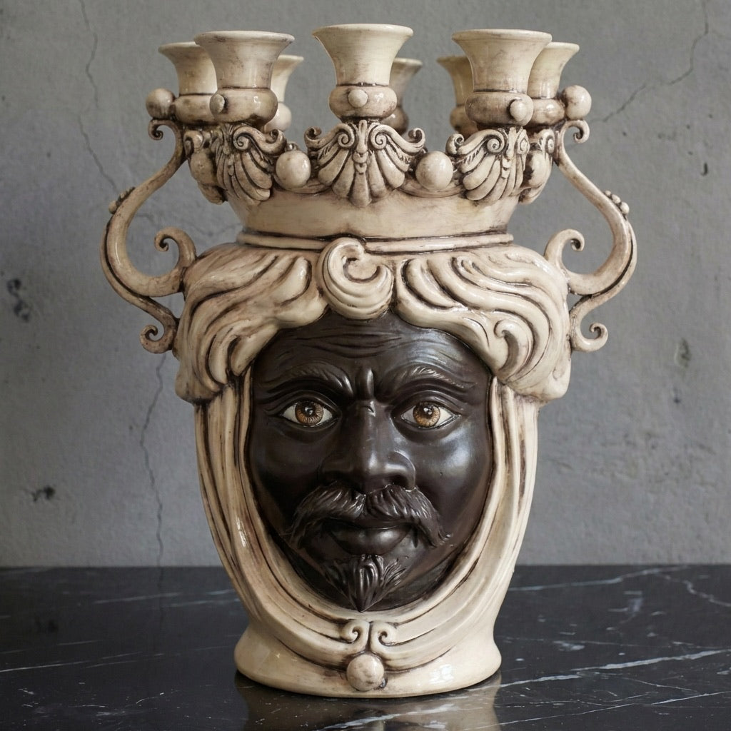 Handcrafted Teste di Moro ceramic vase with ornate crown and candle holders, blending tradition and modern design