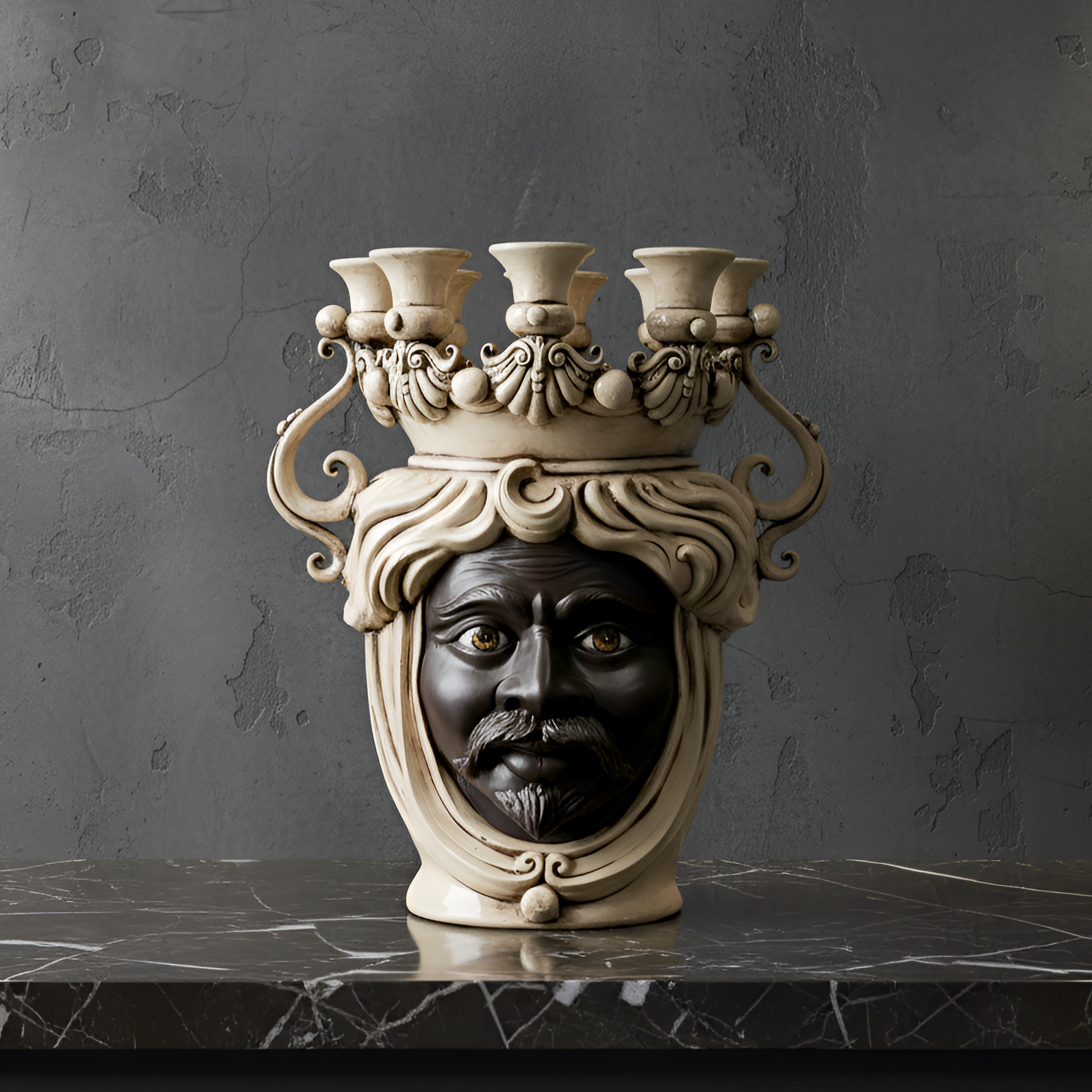 Handcrafted Teste di Moro candle holder with ornate crown and expressive face, blending tradition and modern design.