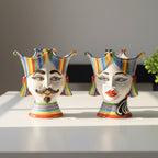Hand-painted ceramic Teste di Moro vases with colorful striped crowns, male and female faces, modern home decor
