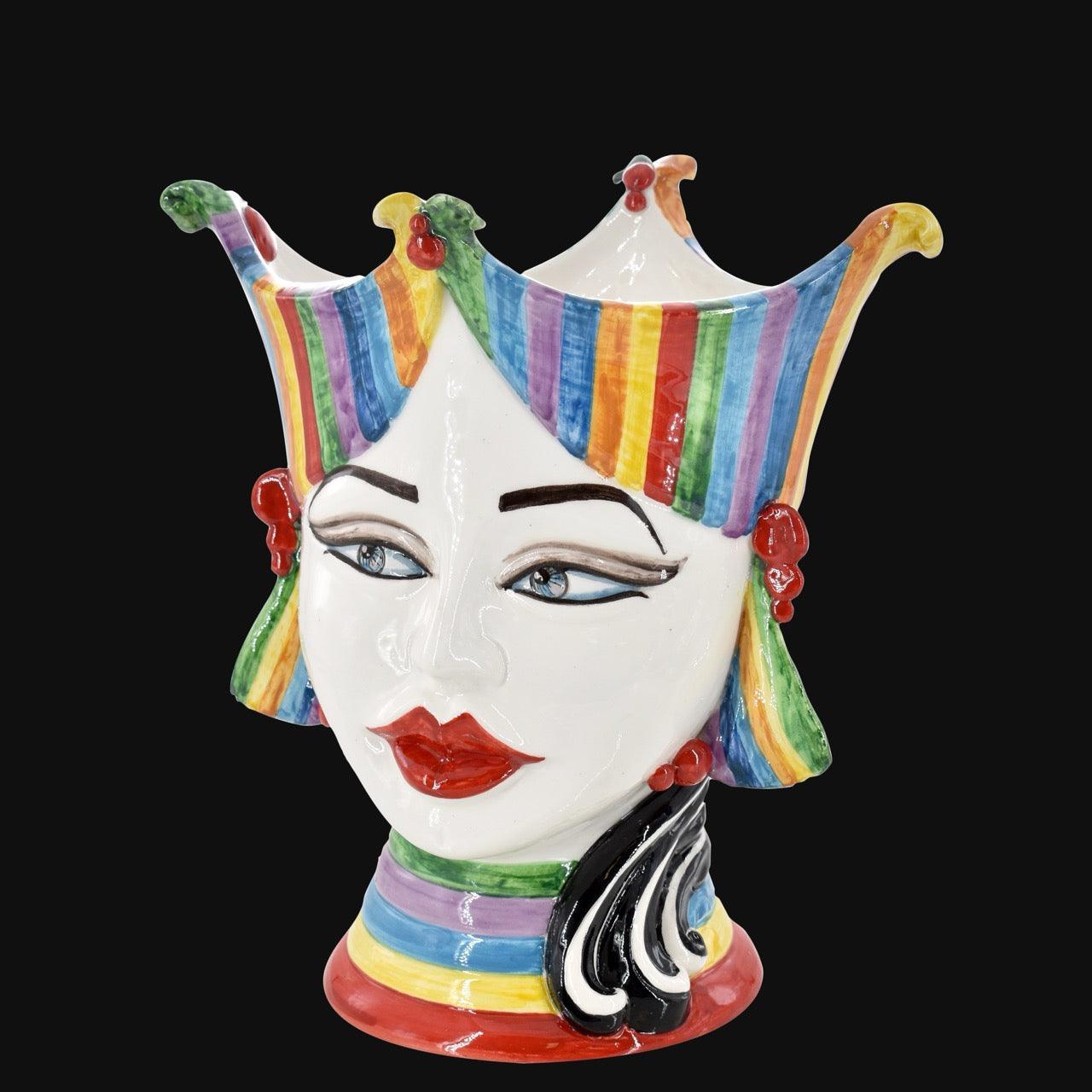 Handmade ceramic Testa di Moro with colorful jester crown, vibrant stripes, and bold red lips, perfect for modern decor.