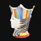 Colorful Teste di Moro vase with striped crown and flowing hair, handmade ceramic decor