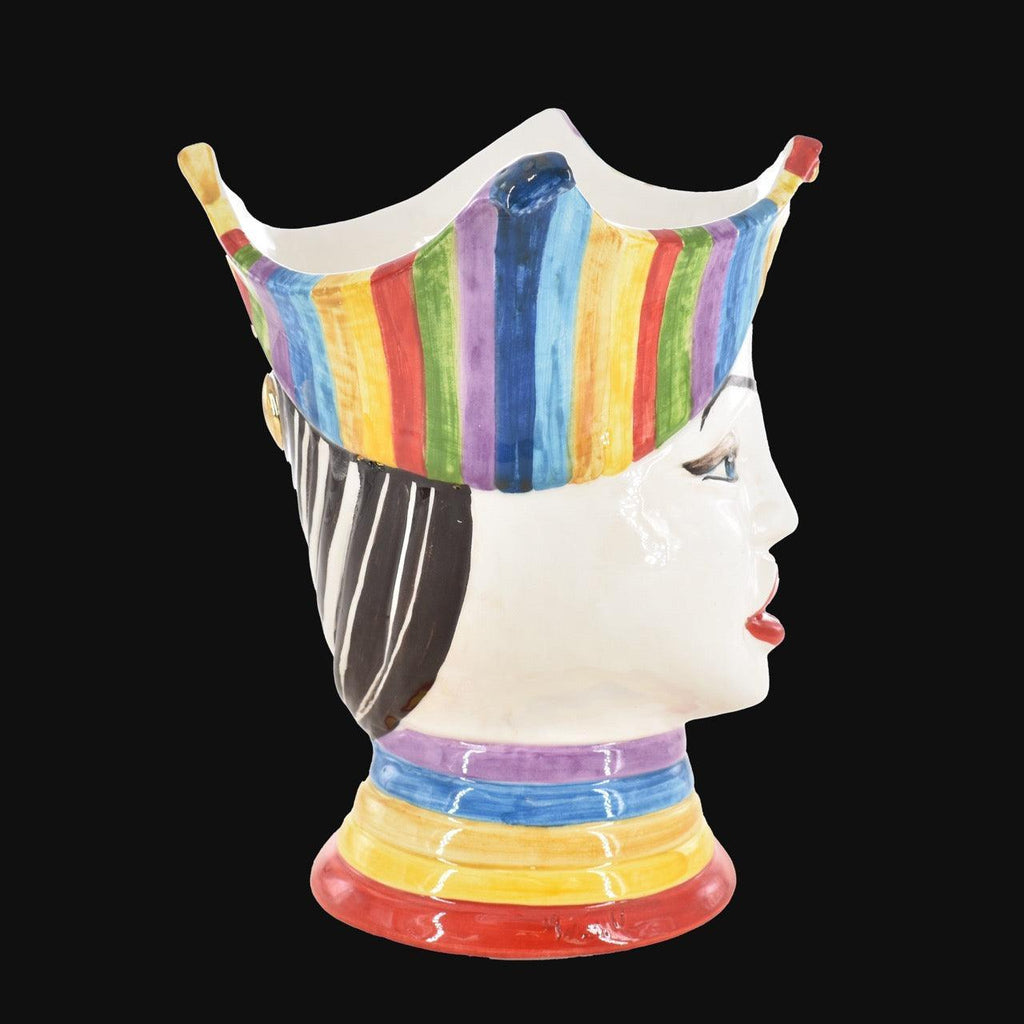 Handmade Teste di Moro vase with colorful striped crown and profile face, blending tradition and modern design