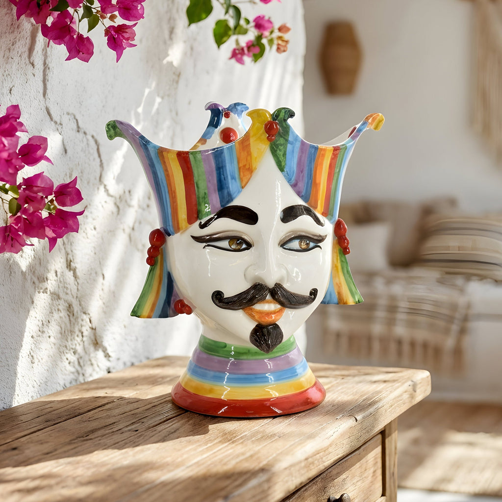 Handmade ceramic Testa di Moro vase with colorful jester crown, displayed on rustic wood table with pink flowers.